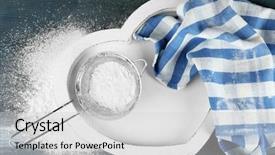  Presentation with flour - Audience pleasing PPT theme consisting of kitchen towel - sifting flour through sieve backdrop and a light gray colored foreground