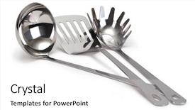  Presentation with stainless steel - Cool new PPT theme with kitchen utensils - set of stainless steel kitchenware backdrop and a  colored foreground