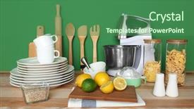  Presentation with cooking utensils - Cool new theme with kitchen utensils and cookware backdrop and a ocean colored foreground