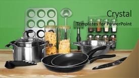  Presentation with cooking utensils - PPT theme consisting of kitchen utensils and cookware background and a  colored foreground