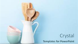  Presentation with utensils - Cool new PPT theme with kitchen-utensils-and-dishes backdrop and a sky blue colored foreground