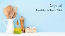  Presentation with cooking equipment kitchen utensils - Amazing PPT layouts having kitchen-utensils-and-spices backdrop and a cool aqua colored foreground