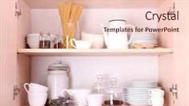  Presentation with tableware - Audience pleasing slide set consisting of kitchen utensils and tableware on wooden shelves backdrop and a lemonade colored foreground