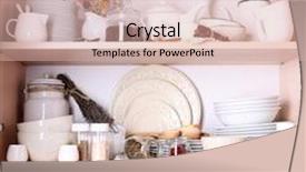  Presentation with tableware - Presentation theme with kitchen utensils and tableware on shelves background and a soft green colored foreground