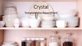  Presentation with tableware - PPT theme enhanced with kitchen utensils and tableware on shelves background and a lemonade colored foreground