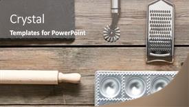  Presentation with kitchen utensils - Cool new PPT layouts with kitchen utensils for homemade pasta ravioli on wooden table backdrop and a gray colored foreground