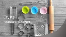  Presentation with pastries - Slides with kitchen utensils for pastries on wooden background background and a gray colored foreground