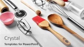  Presentation with pastries - Colorful PPT theme enhanced with kitchen utensils for preparing pastries on wooden background backdrop and a light gray colored foreground