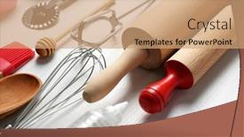  Presentation with pastries - PPT theme featuring kitchen-utensils-for-preparing-pastries background and a coral colored foreground