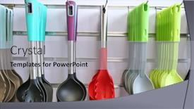 Presentation with kitchen utensils - PPT theme with kitchen-utensils-for-sale background and a light gray colored foreground