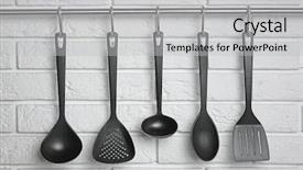  Presentation with kitchen utensils - Slide set with kitchen utensils hanging on rack background and a light gray colored foreground