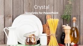  Presentation with kitchen utensils - Slide set consisting of kitchen utensils herbs and spices on shelf against rustic wooden wall background and a gray colored foreground