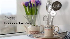  Presentation with utensils - Beautiful slides featuring kitchen utensils in cup and flowers on windowsill backdrop and a light gray colored foreground