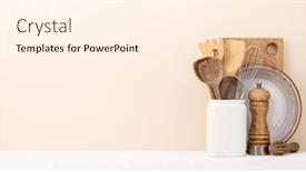  Presentation with utensils - PPT theme having kitchen-utensils-on-wooden-table background and a cream colored foreground
