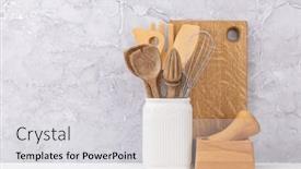  Presentation with utensils - Slide set with kitchen-utensils-on-wooden-table background and a light gray colored foreground