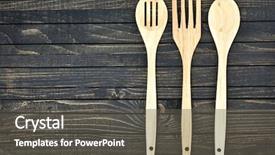  Presentation with utensils - Cool new slide deck with kitchen utensils on wooden table backdrop and a dark gray colored foreground