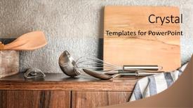  Presentation with kitchen utensils - Theme with kitchen utensils on wooden table background and a coral colored foreground