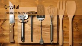  Presentation with kitchen utensils - PPT layouts consisting of kitchen utensils on wooden table background and a gold colored foreground