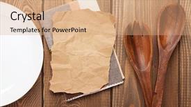  Presentation with utensils - Colorful slide set enhanced with kitchen utensils over wooden table background with paper for copy space backdrop and a coral colored foreground