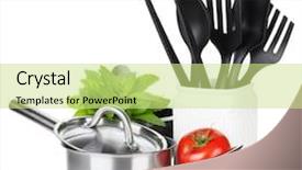  Presentation with cooking equipment kitchen utensils - PPT theme consisting of kitchen utensils tomato and mint background and a soft green colored foreground