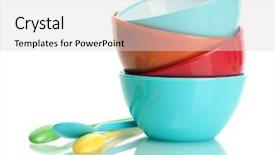  Presentation with bright colorful candy isolated - PPT theme featuring kitchen ware - bright empty bowls and spoons background and a lemonade colored foreground