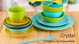  Presentation with tableware - Presentation featuring kitchen ware - colorful tableware on wooden table background and a yellow colored foreground