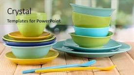  Presentation with tableware - Amazing PPT theme having kitchen ware - colorful tableware on wooden table backdrop and a yellow colored foreground