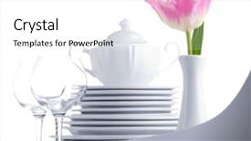  Presentation with white flowers - Colorful theme enhanced with kitchen ware - stack of white ceramic dishes backdrop and a white colored foreground