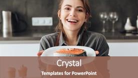  Presentation with happy image - Amazing PPT theme having kitchen while cooking fish backdrop and a violet colored foreground