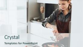  Presentation with lady - PPT theme with kitchen while cooking fish background and a sky blue colored foreground
