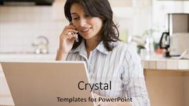  Presentation with cellular material - Beautiful presentation design featuring home budget - woman in kitchen with laptop backdrop and a coral colored foreground