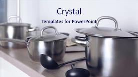  Presentation with kitchen - Cool new slide set with kitchenware concept stainless saucepans backdrop and a sky blue colored foreground