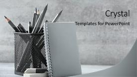  Presentation with pencils - Slide deck consisting of kite crayons - pens and pencils in metal background and a light gray colored foreground