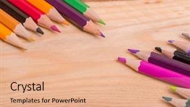  Presentation with wooden board empty table top - Beautiful PPT theme featuring kite crayons - wooden colorful pencils on wooden backdrop and a  colored foreground