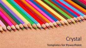  Presentation with wooden board empty table top - Colorful theme enhanced with kite crayons - wooden colorful pencils on wooden backdrop and a  colored foreground
