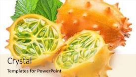  Presentation with isolated fall oak leaf - Slide deck featuring kiwano fruits with kiwano leaves background and a yellow colored foreground