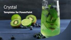  Presentation with kiwi - Theme enhanced with kiwi and blueberry cocktail on color wooden background background and a dark gray colored foreground