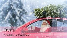  Presentation with animated christmas tree - PPT theme having klaus - santa claus delivering christmas tree background and a coral colored foreground