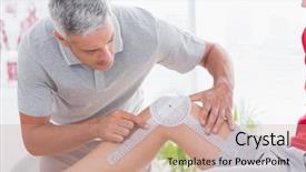  Presentation with metabolic doctor examining - Presentation theme consisting of knee examination - doctor examining man leg background and a coral colored foreground