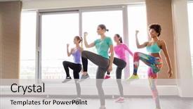  Presentation with group training - Colorful slide set enhanced with knee motion - fitness sport training exercising backdrop and a light gray colored foreground