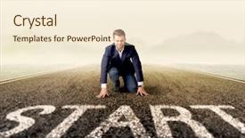  Presentation with starting line red running track - PPT theme with initiate - young determined businessman kneeling background and a cream colored foreground