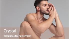  Presentation with young - PPT layouts with knees praying - young fit naked man looks background and a coral colored foreground