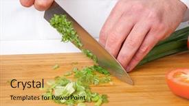  Presentation with charging gun man hands charging - Audience pleasing slide set consisting of chef knife - man's hands cutting tomato salad backdrop and a yellow colored foreground
