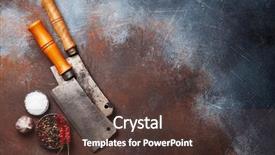  Presentation with knives - Presentation theme featuring knife - vintage kitchen utensils and spices background and a tawny brown colored foreground