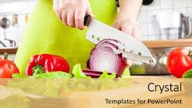  Presentation with bulb - Presentation theme with chef knife - woman's hands cutting bulb onion background and a yellow colored foreground