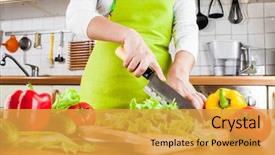  Presentation with lettuce - Audience pleasing presentation consisting of chef knife - woman's hands cutting lettuce behind backdrop and a gold colored foreground