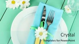  Presentation with napkin - Cool new slide deck with knife and fork wrapped in napkin on plate on color wooden background backdrop and a mint green colored foreground