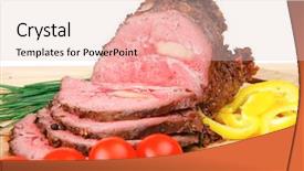  Presentation with barbecue food truck - Presentation design enhanced with knife fark - beef barbecue served on big background and a  colored foreground