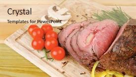  Presentation with non gmo beef - Colorful slides enhanced with knife fark - beef barbecue served on big backdrop and a  colored foreground