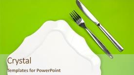  Presentation with green plate - Presentation theme with knife figured white plate and fork on green background background and a cream colored foreground